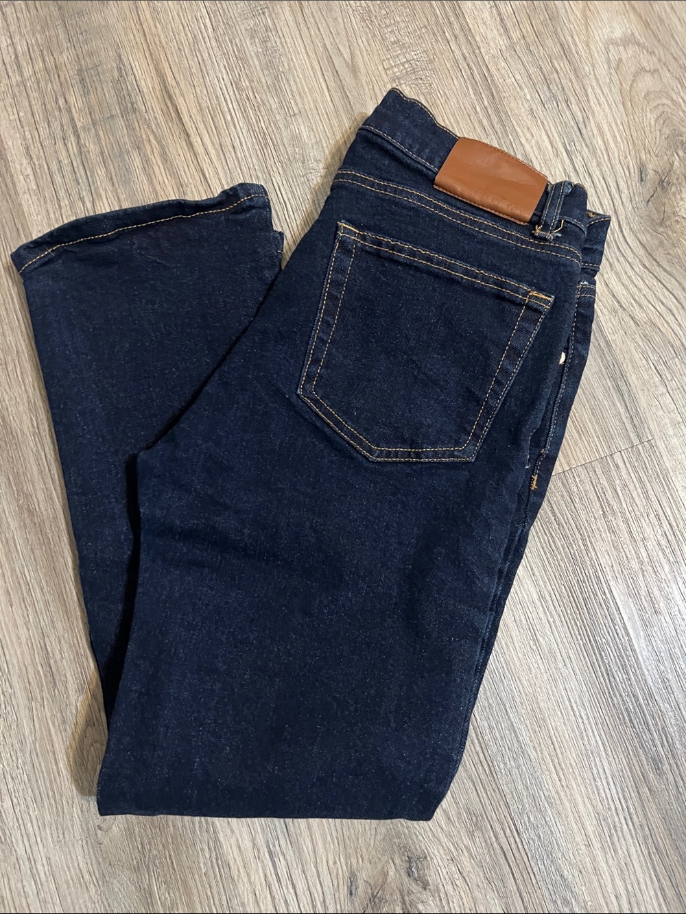 Women's Straight Leg Dark Indigo Jeans with Tan Waist Patch